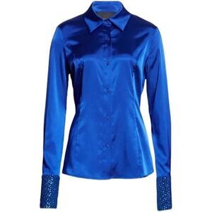 Le Superbe NWT Superstoned Top‎ Orbital Seamed Satin Fitted Shirt Cobalt Size 6